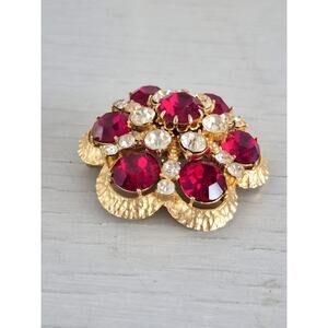 Vintage Ruby Red Clear Crystal Floral Dome Francois Designer Brooch Pendant